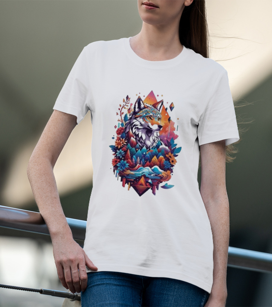 Colorful Geometric Wolf With Mountains And Flowers T-Shirt