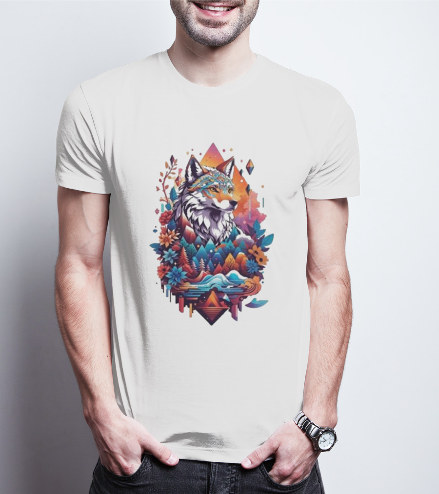 Colorful Geometric Wolf With Mountains And Flowers T-Shirt