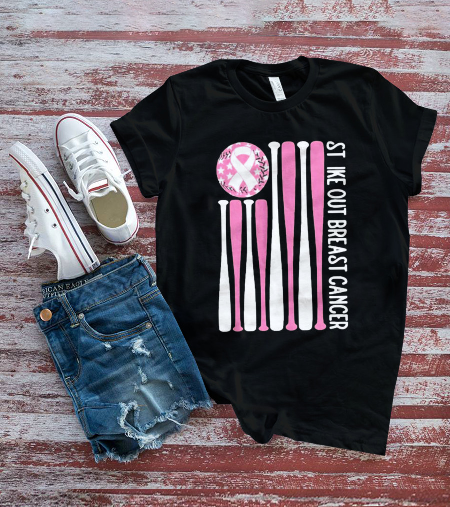Strike Out Breast Cancer Baseball Pink Ribbon American Flag T-Shirt