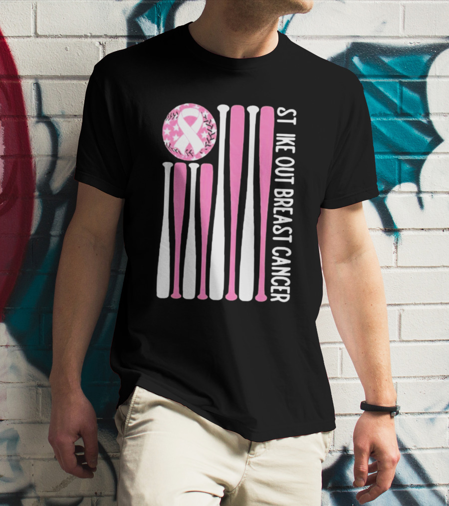 Strike Out Breast Cancer Baseball Pink Ribbon American Flag T-Shirt