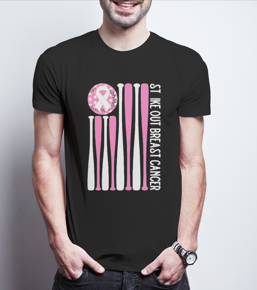 Strike Out Breast Cancer Baseball Pink Ribbon American Flag T-Shirt