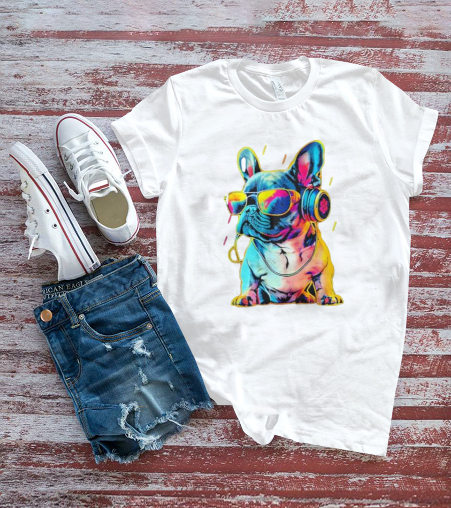 Bulldog Neon Headphones Vibrant Colors T-Shirt