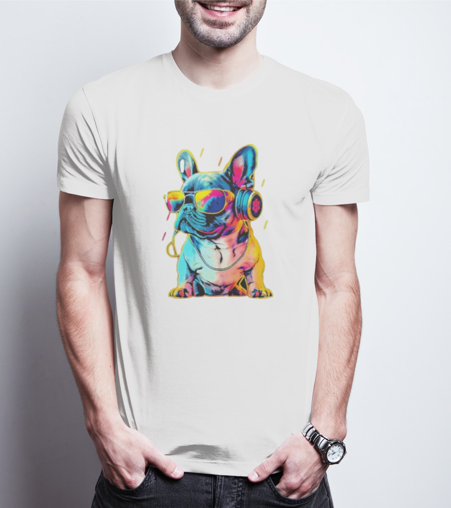 Bulldog Neon Headphones Vibrant Colors T-Shirt