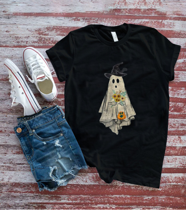 Halloween Costume Vintage Witch Hat Ghost Pumpkin Floral Bouquet T-Shirt