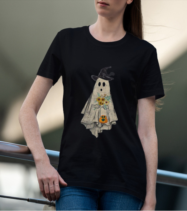 Halloween Costume Vintage Witch Hat Ghost Pumpkin Floral Bouquet T-Shirt