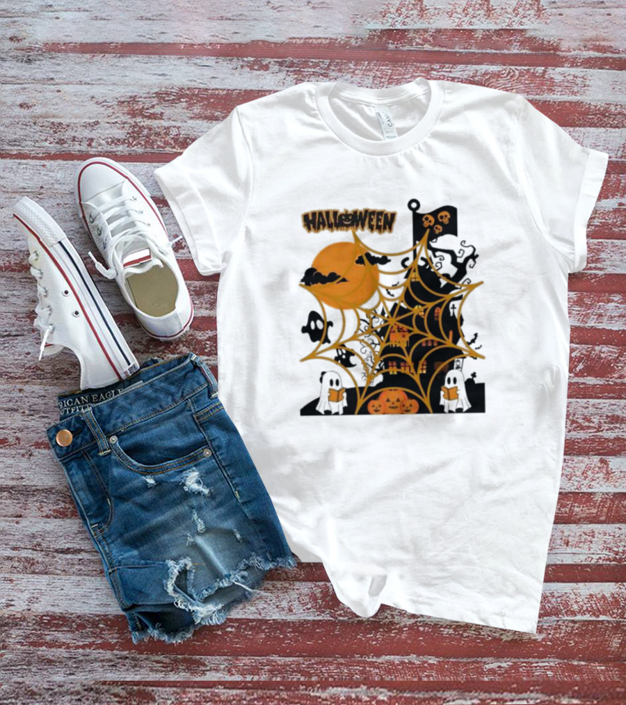 Halloween Spider Web Castle Moon Ghosts Pumpkins T-Shirt