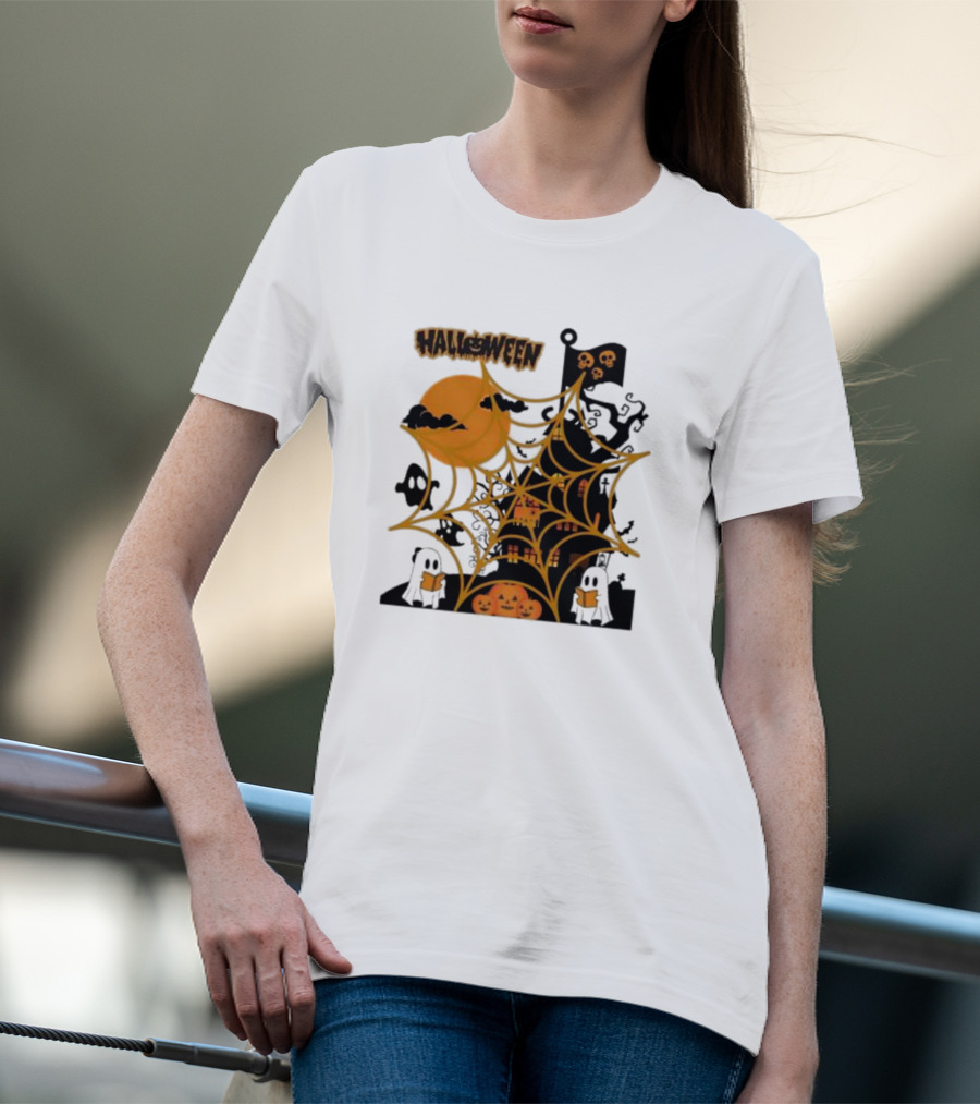 Halloween Spider Web Castle Moon Ghosts Pumpkins T-Shirt