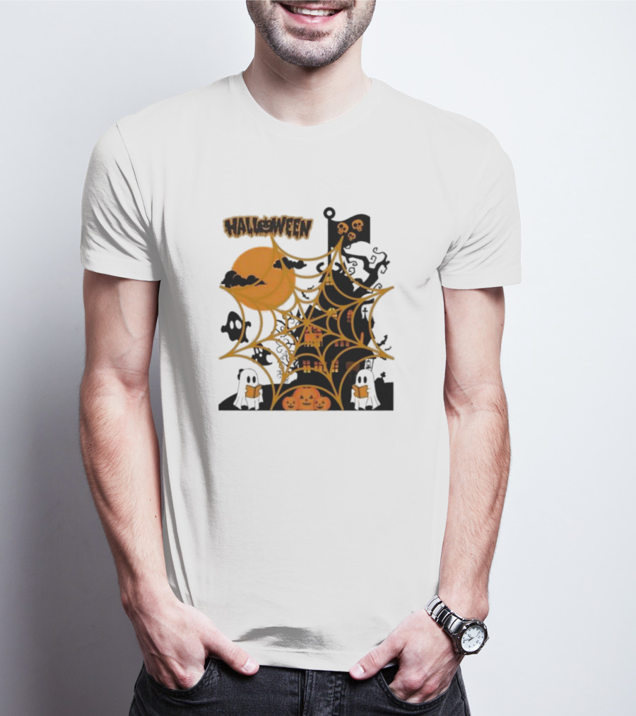 Halloween Spider Web Castle Moon Ghosts Pumpkins T-Shirt