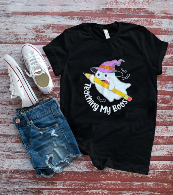 Teaching My Boos Halloween Ghost Funny Teacher Witch Hat Bat Pencil T-Shirt