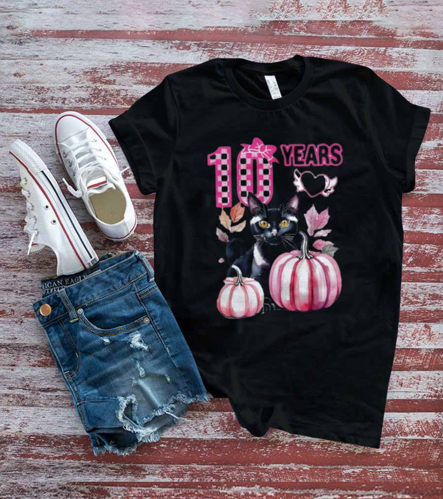 10 Years Black Cat Pink Pumpkin Birthday T-Shirt