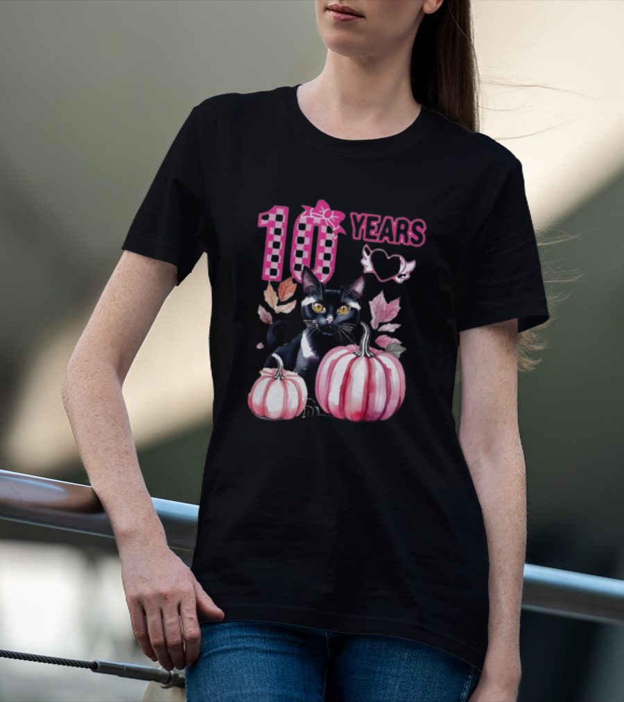 10 Years Black Cat Pink Pumpkin Birthday T-Shirt