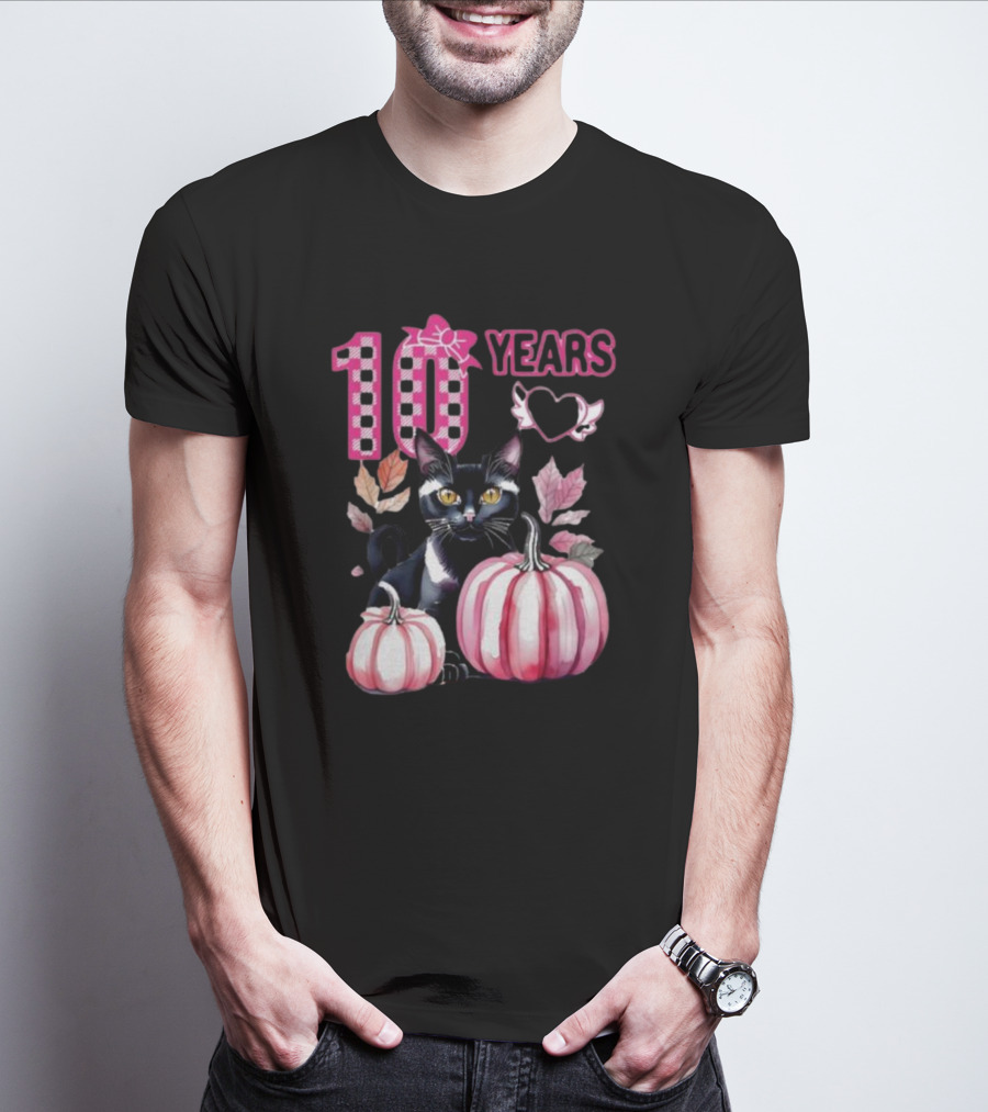 10 Years Black Cat Pink Pumpkin Birthday T-Shirt