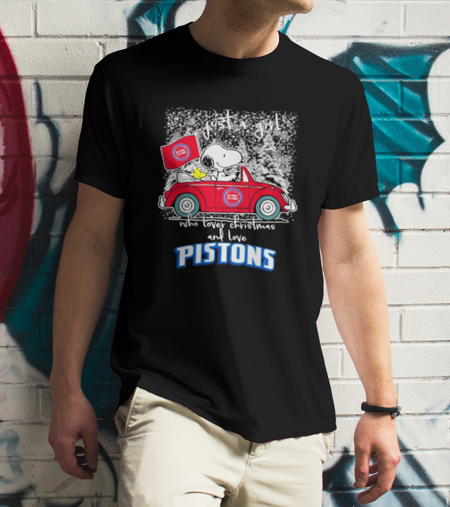 Snoopy And Woodstock Just A Girl Who Loves Christmas And Detroit Pistons T-Shirt