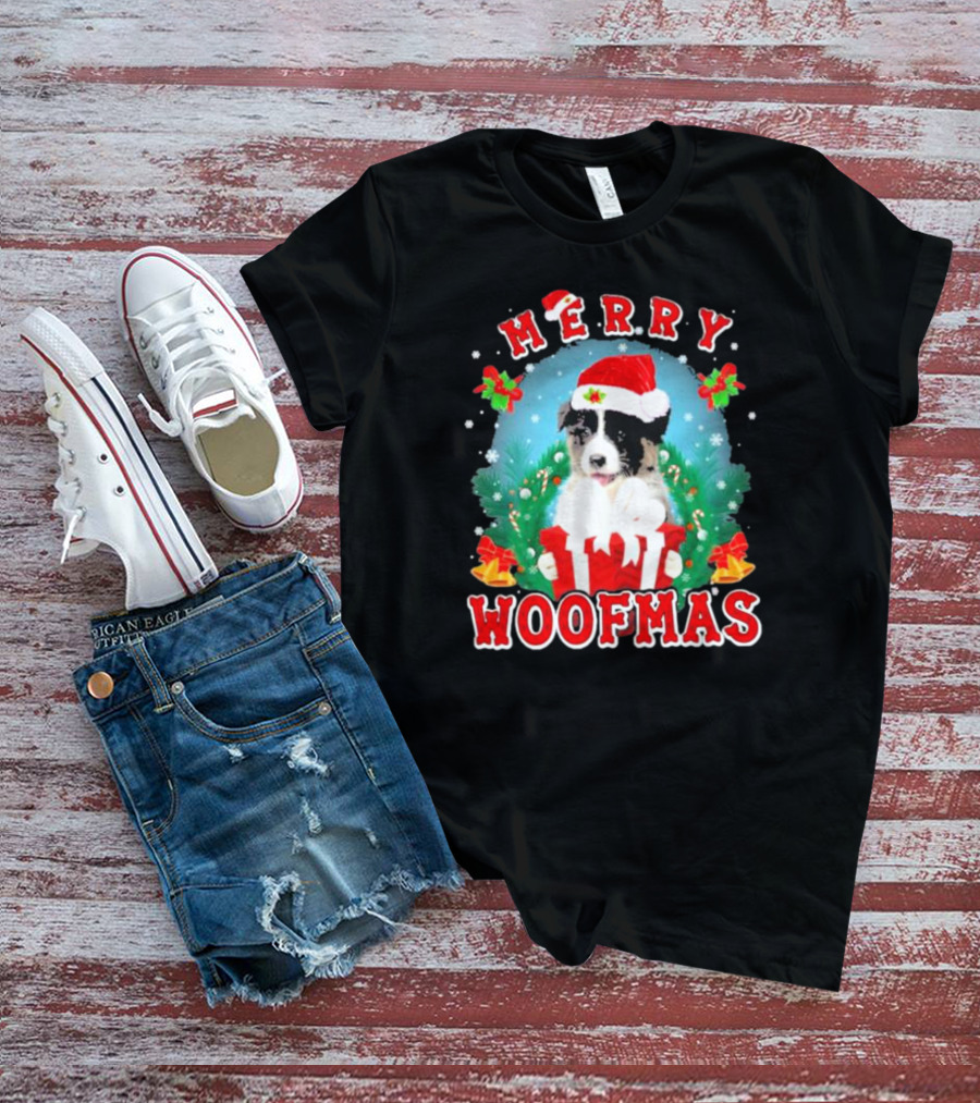 Merry Woofmas Australian Shepherd Dog In Santa Hat With Christmas Gift T-Shirt
