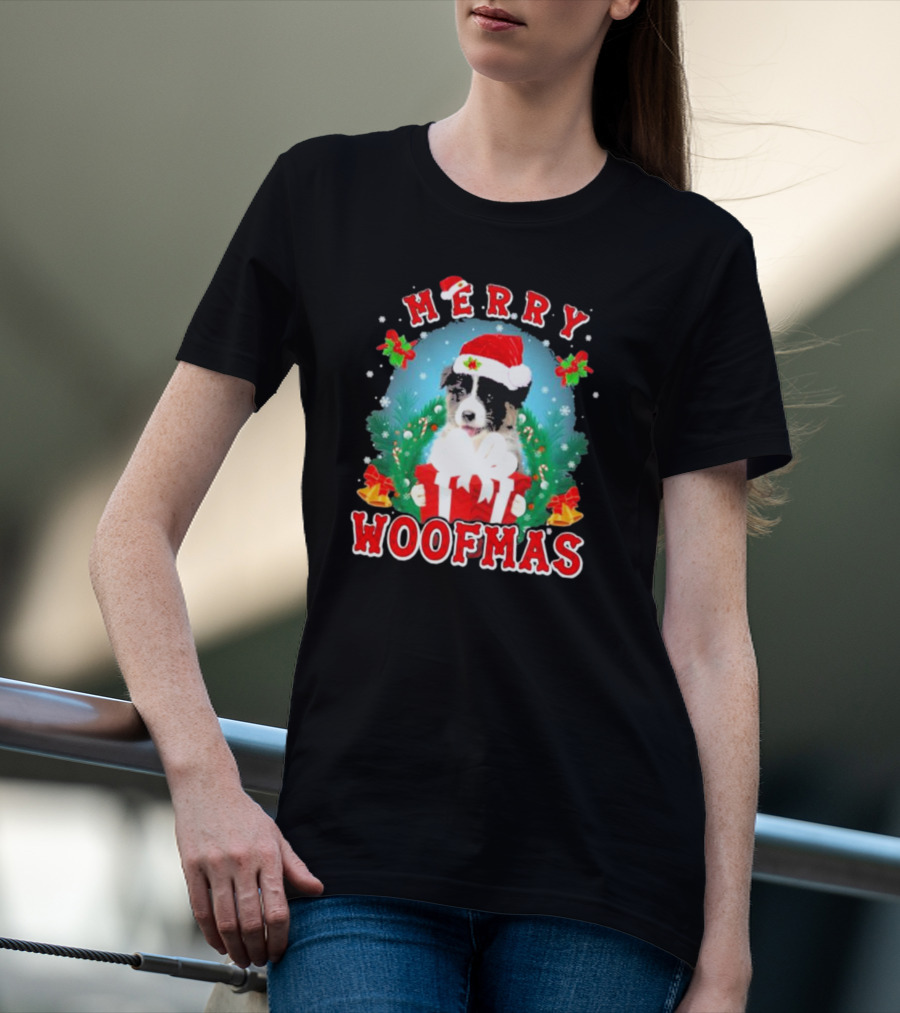 Merry Woofmas Australian Shepherd Dog In Santa Hat With Christmas Gift T-Shirt