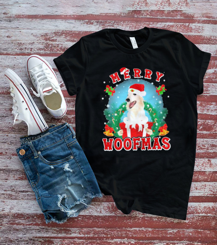 Merry Woofmas Borzoi Dog Santa Hat Christmas Wreath Snowflakes T-Shirt