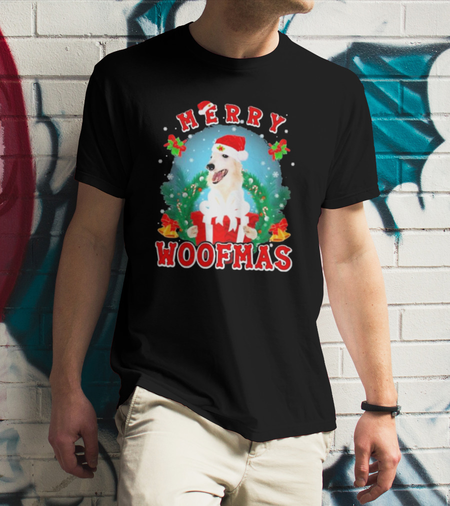 Merry Woofmas Borzoi Dog Santa Hat Christmas Wreath Snowflakes T-Shirt
