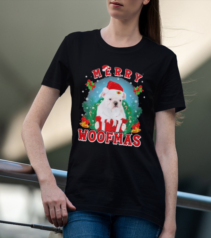 Bulldog In Santa Hat Merry Woofmas With Gifts And Bells T-Shirt