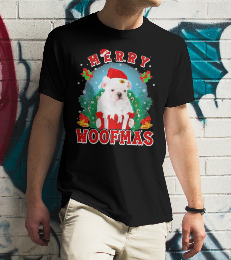 Bulldog In Santa Hat Merry Woofmas With Gifts And Bells T-Shirt