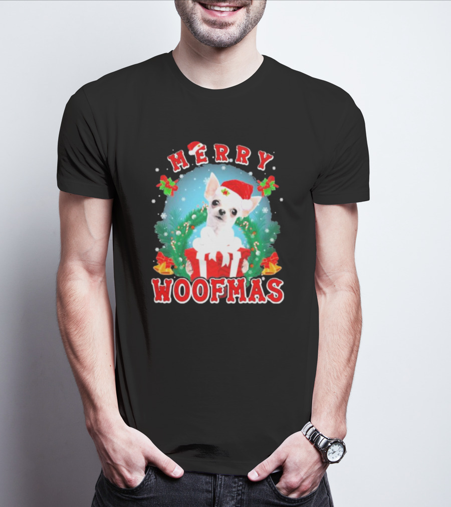 Chihuahua Merry Woofmas Santa Hat Wreath And Gift Box T-Shirt