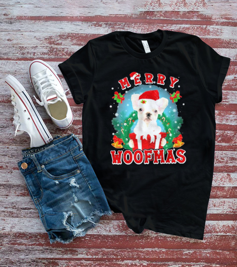 French Bulldog Merry Woofmas Holiday Joy Santa Hat Clematis Snow Christmas Wreath T-Shirt