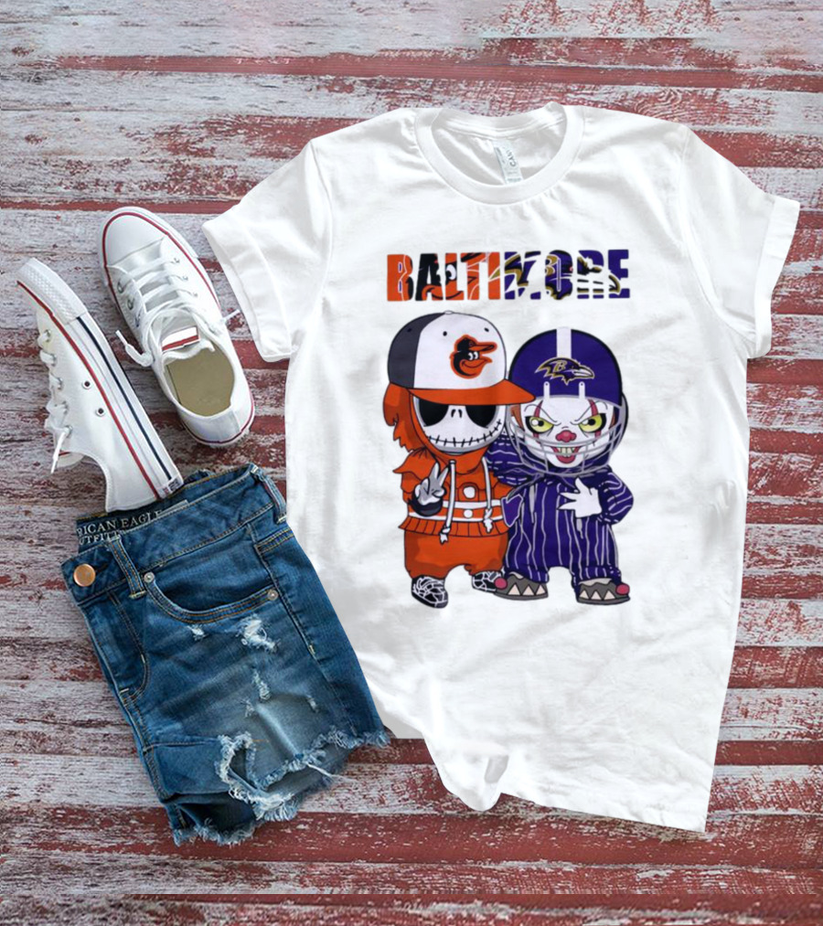 Baby Jack Skellington Pennywise Mashup Baltimore Orioles Ravens Halloween T-Shirt