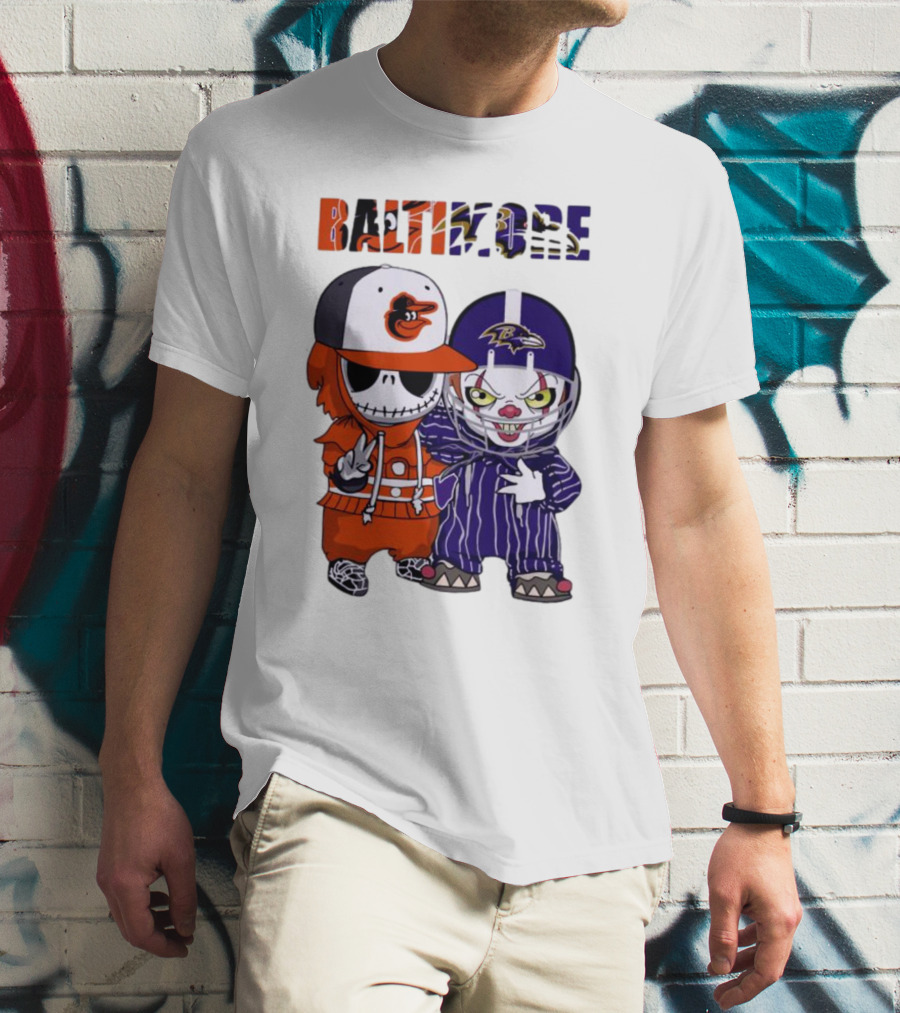 Baby Jack Skellington Pennywise Mashup Baltimore Orioles Ravens Halloween T-Shirt