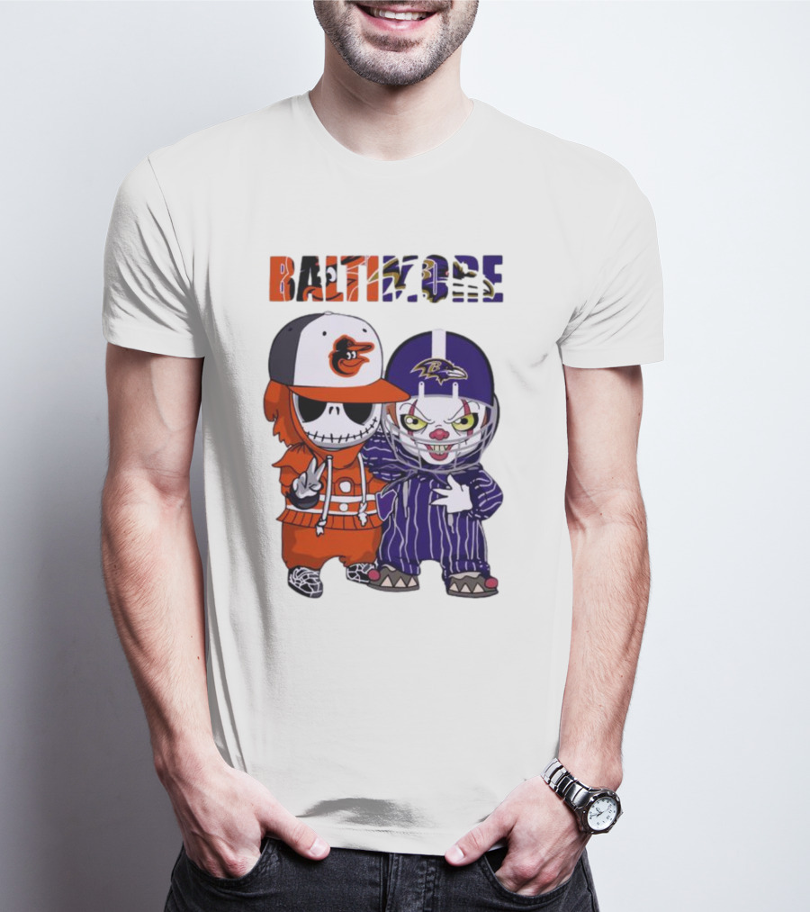 Baby Jack Skellington Pennywise Mashup Baltimore Orioles Ravens Halloween T-Shirt