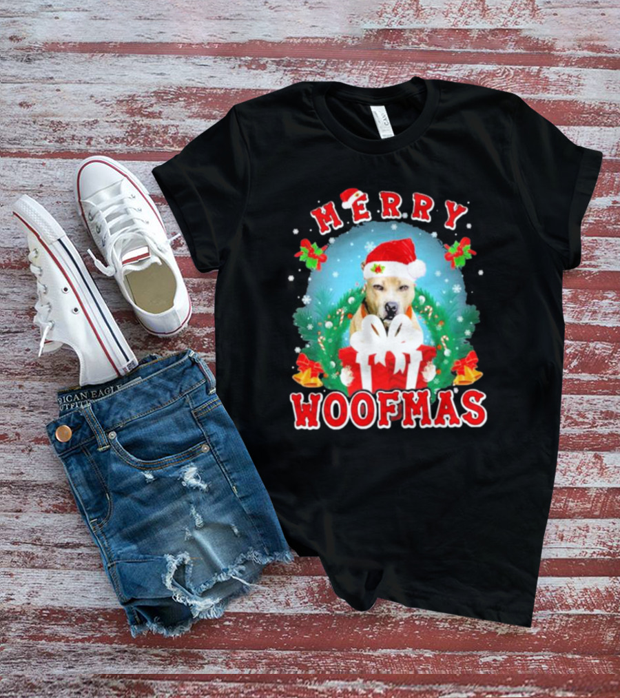 Pitbull Merry Woofmas Santa Hat And Holiday Gift Box T-Shirt