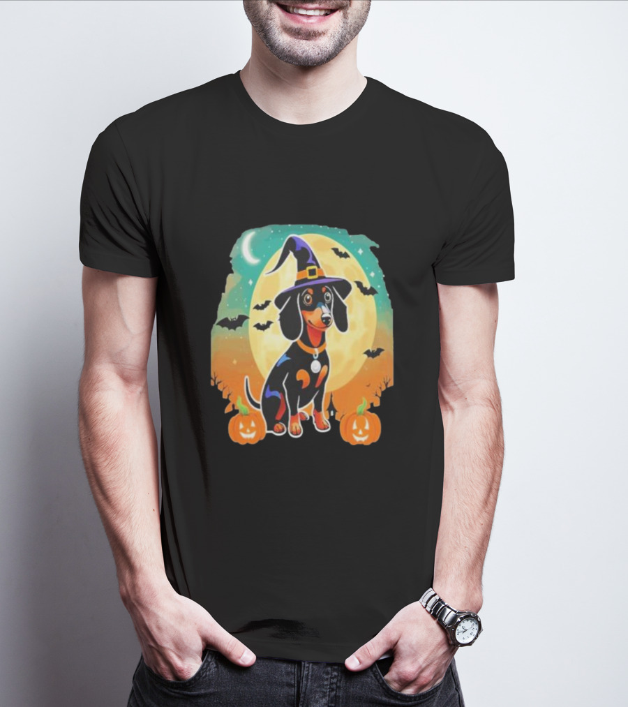Dachshund Dog Witch Hat Moon Bats Pumpkins T-Shirt