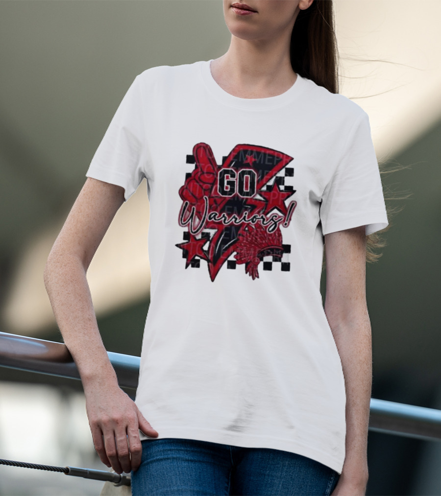 Go Warriors Football Sublimation With Foam Finger And Red Headdress T-Shirt