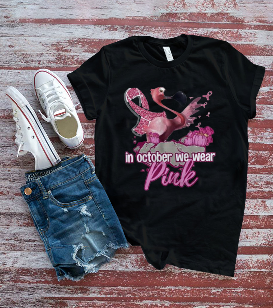 In October We Wear Pink Flamingo Breast Cancer Awareness Halloween T-Shirt