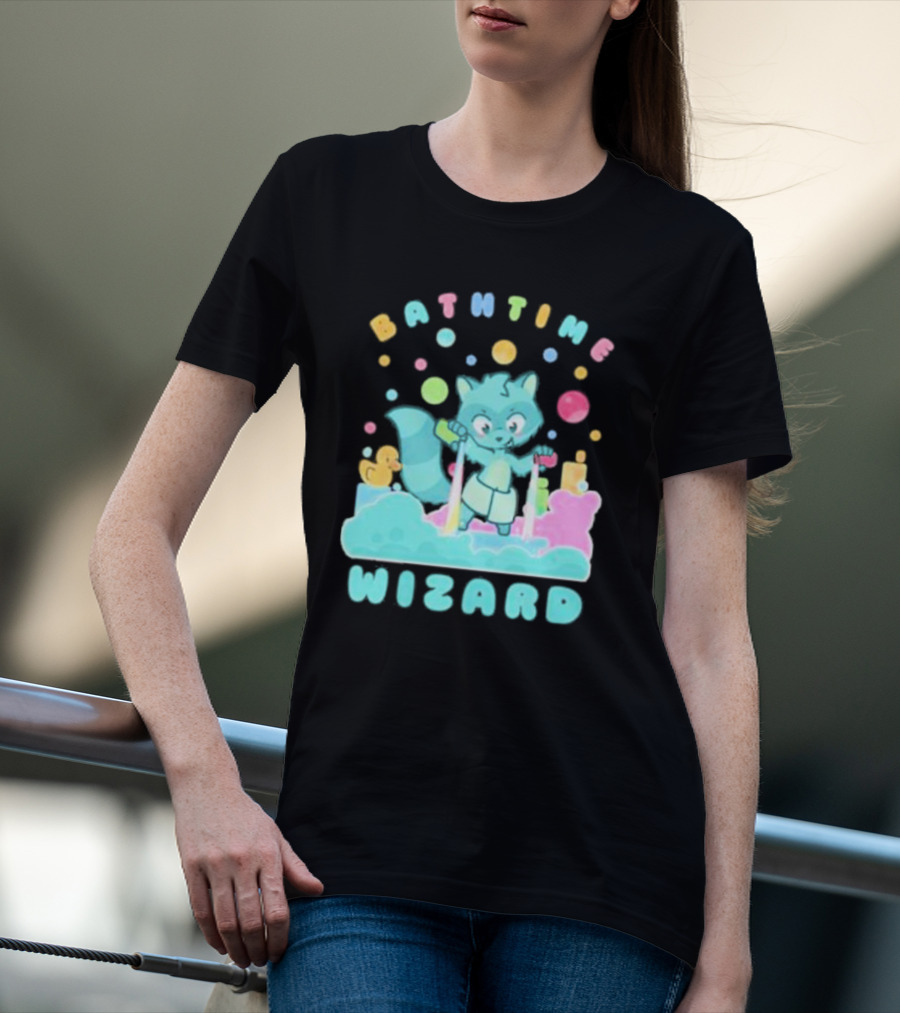 Bathtime Wizard Colorful Bubbles With Raccoon And Rubber Duck T-Shirt