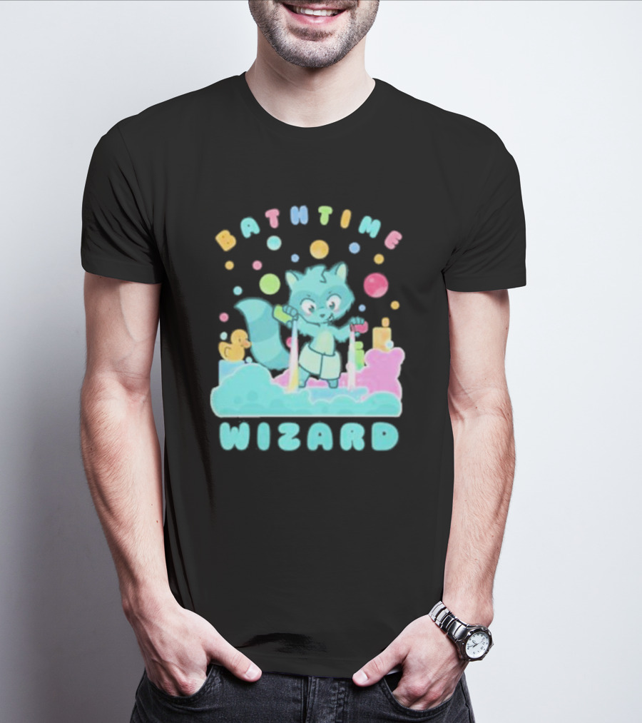 Bathtime Wizard Colorful Bubbles With Raccoon And Rubber Duck T-Shirt