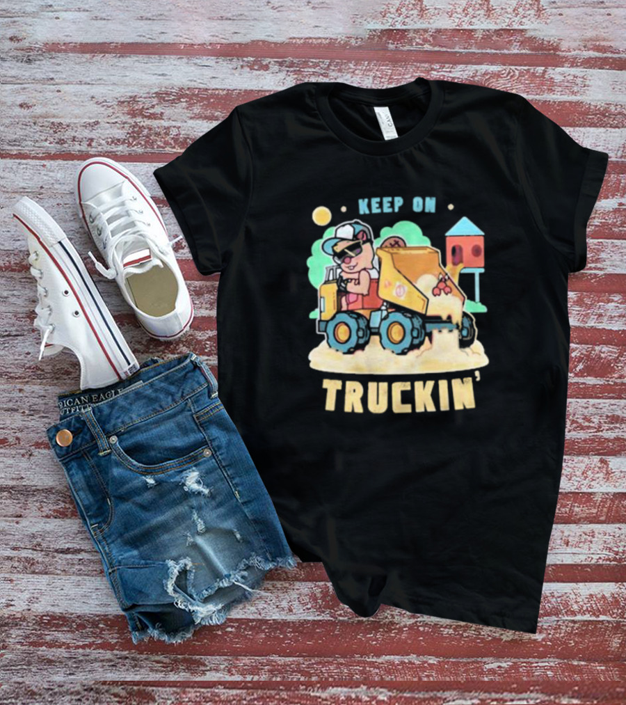 Keep On Truckin’ Cartoon Dog Driving Dump Truck With Doghouse And Sun T-Shirt