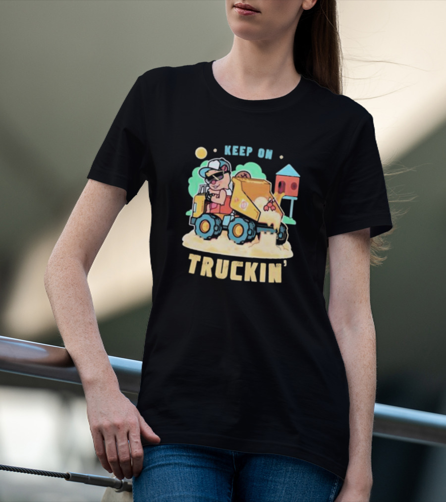 Keep On Truckin’ Cartoon Dog Driving Dump Truck With Doghouse And Sun T-Shirt