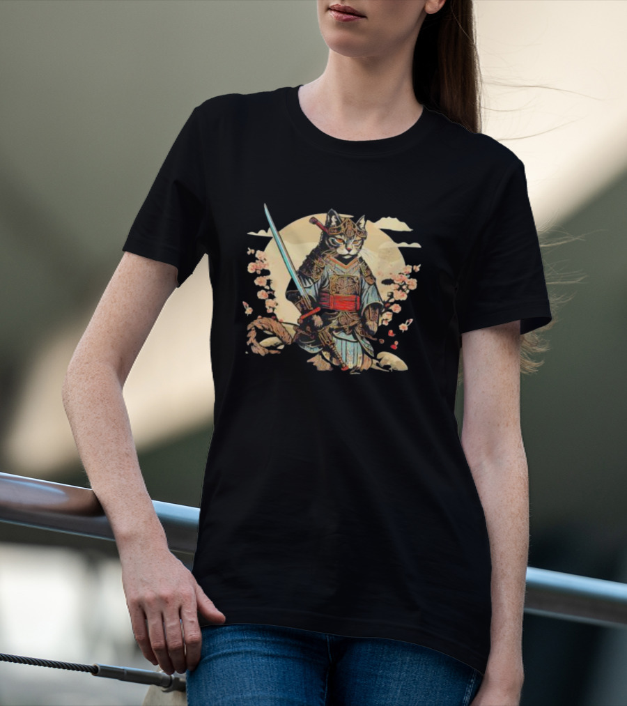 Samurai Cat Japanese Ninja Warrior Cherry Blossom Moon Warrior T-Shirt