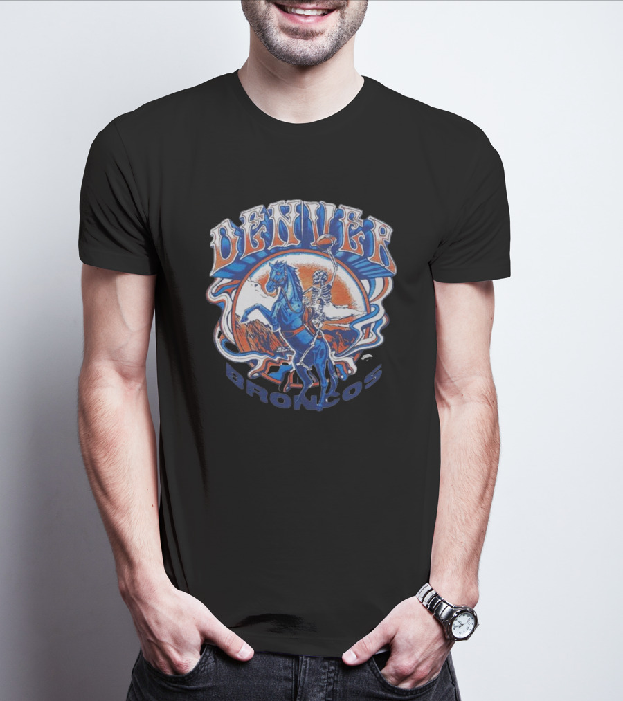 Nfl X Grateful Dead X Denver Broncos Skeleton Riding Horse Football T-Shirt
