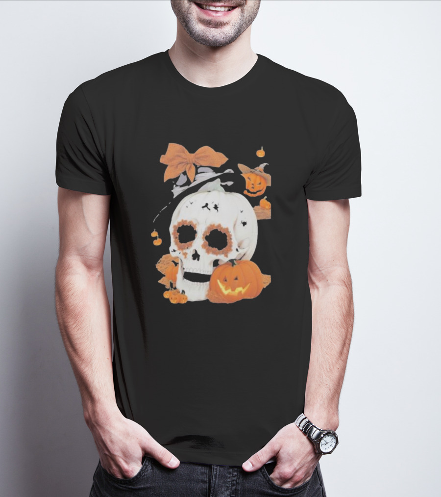The Witch's Skull Pumpkin Halloween Hat And Laughing Jack-O'-Lanterns T-Shirt