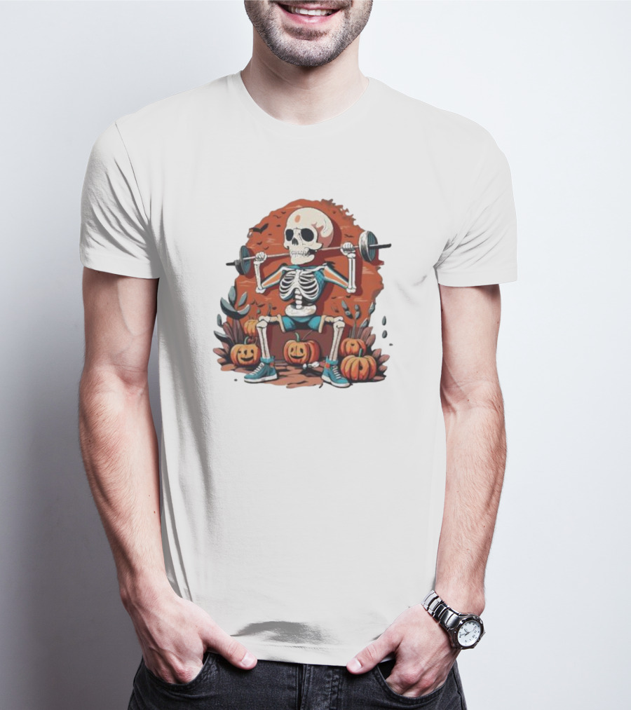 Skeleton Lifting Weights With Pumpkins Halloween Fitness T-Shirt
