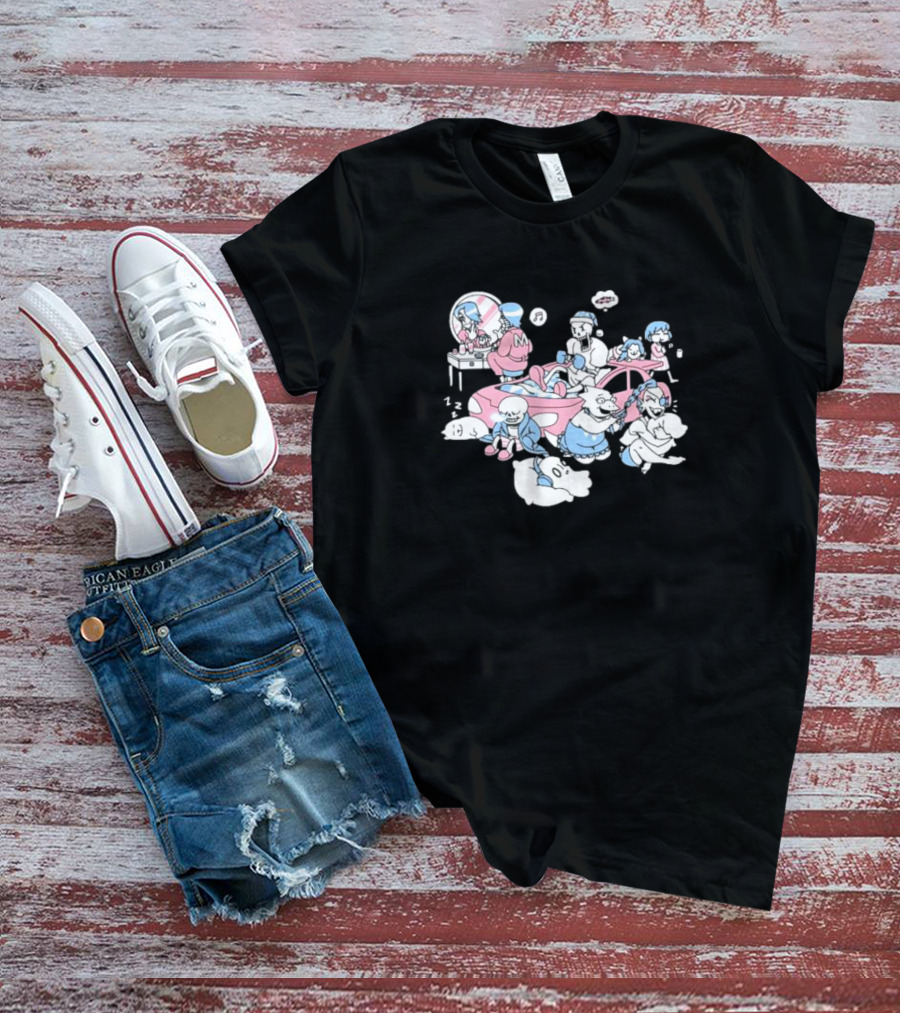 Tobyfox Undertale Sleepover Characters In Pink And Blue Pajama Party Scene T-Shirt