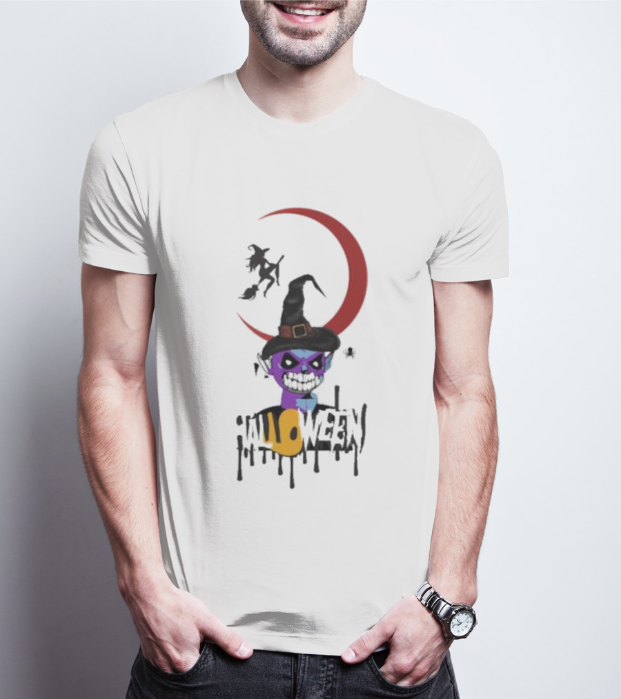 Witch Horror Halloween Blood Moon With Witch Hat And Skull T-Shirt