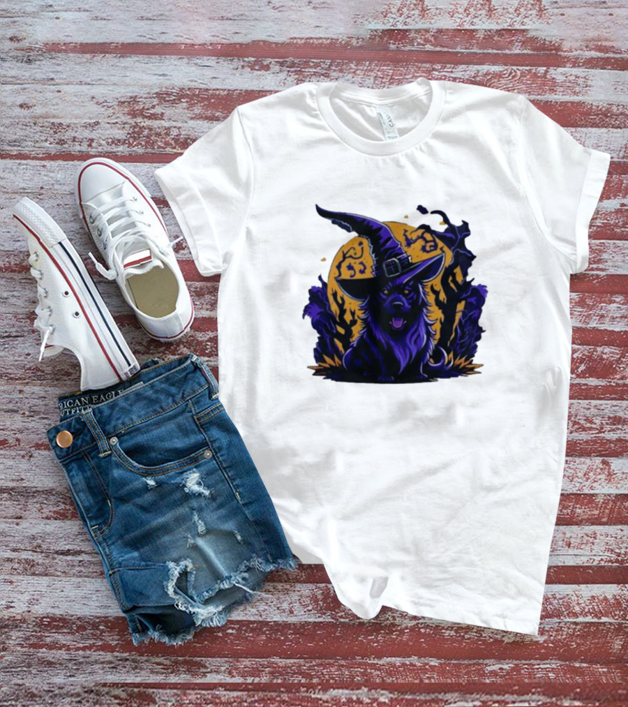 Halloween Witch Dog In Spooky Forest Horror Scene T-Shirt