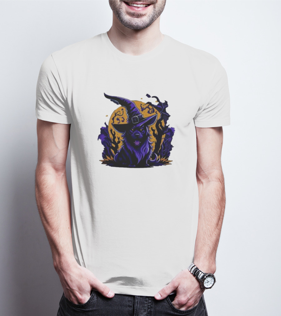 Halloween Witch Dog In Spooky Forest Horror Scene T-Shirt