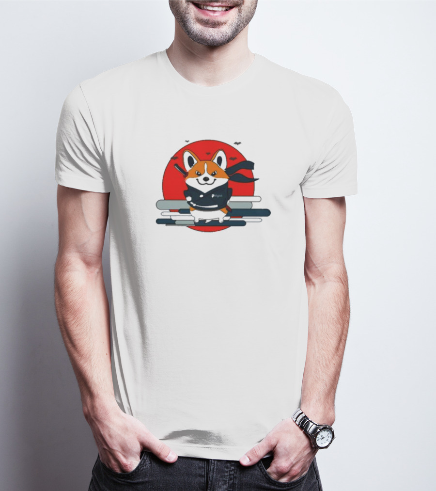 Ninja Corgi Red Sun With Bats T-Shirt