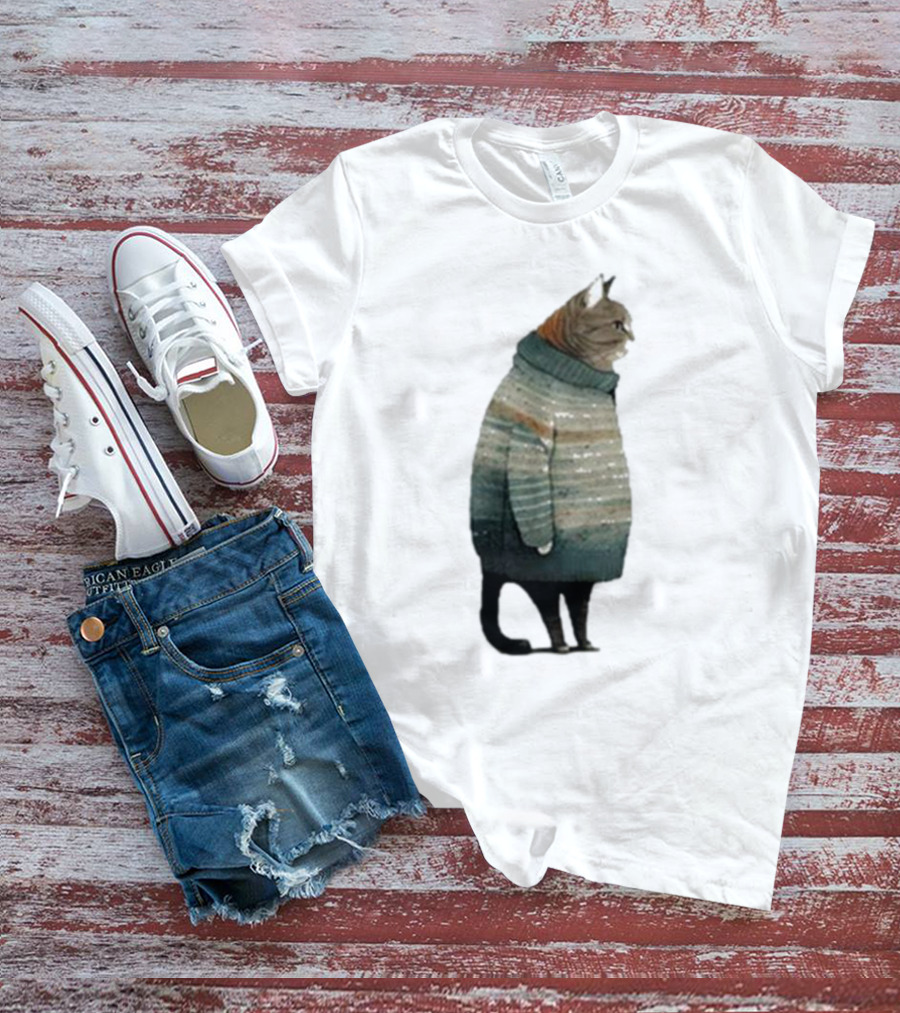 Women’s Winter Cat In Cozy Sweater Print T-Shirt