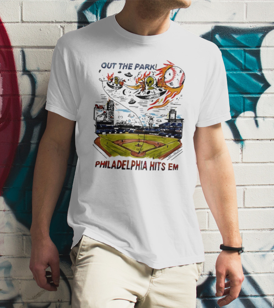 Out The Park Philadelphia Hits 'Em Alien Baseball Explosion T-Shirt