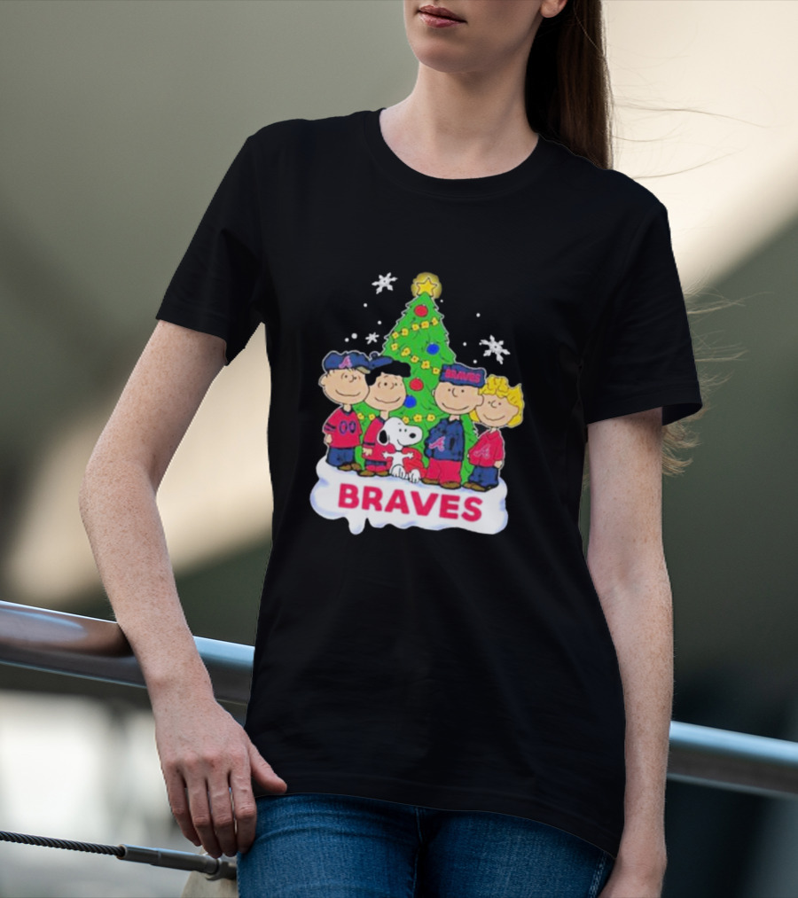 Braves Peanuts Snoopy Christmas Tree Charlie Brown Lucy Linus Woodstock T-Shirt