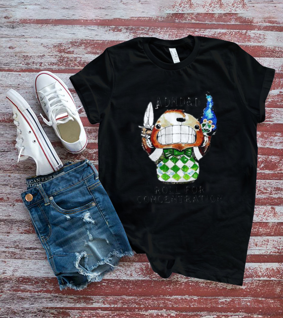 ADHD&D Roll For Concentration Knife Bear Green Vest Flame Cube T-Shirt