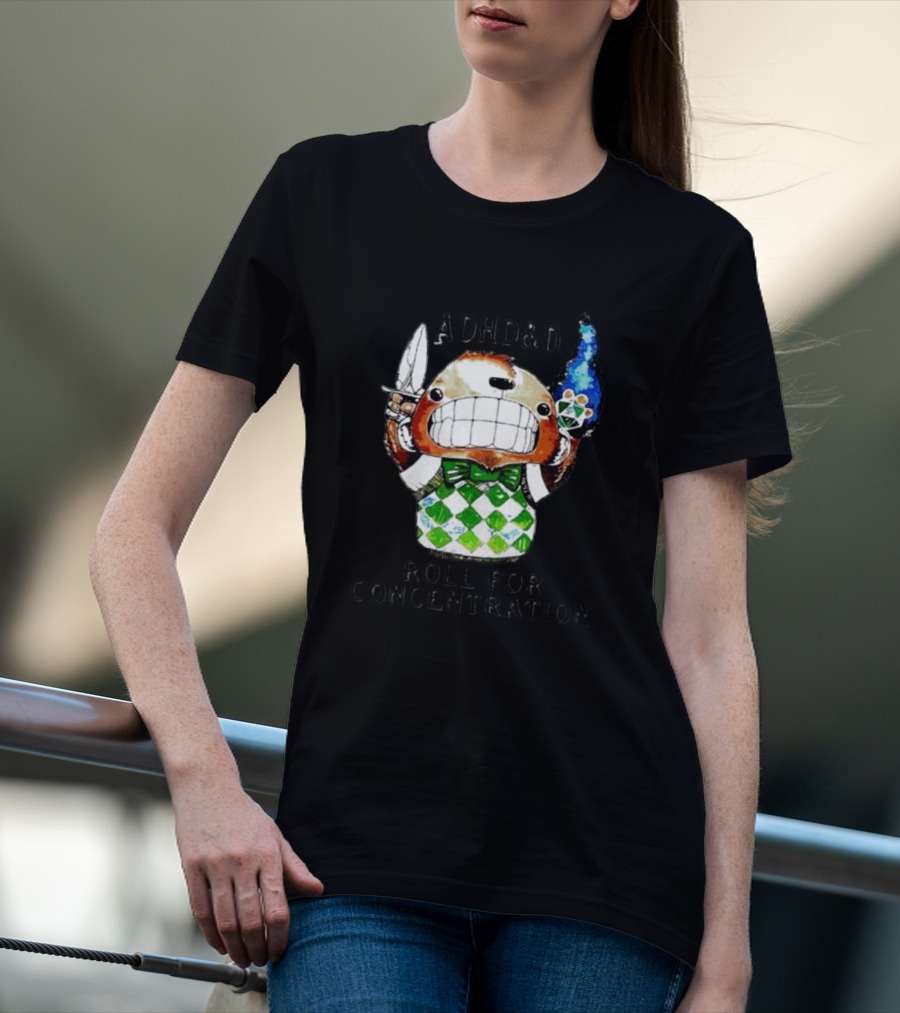 ADHD&D Roll For Concentration Knife Bear Green Vest Flame Cube T-Shirt